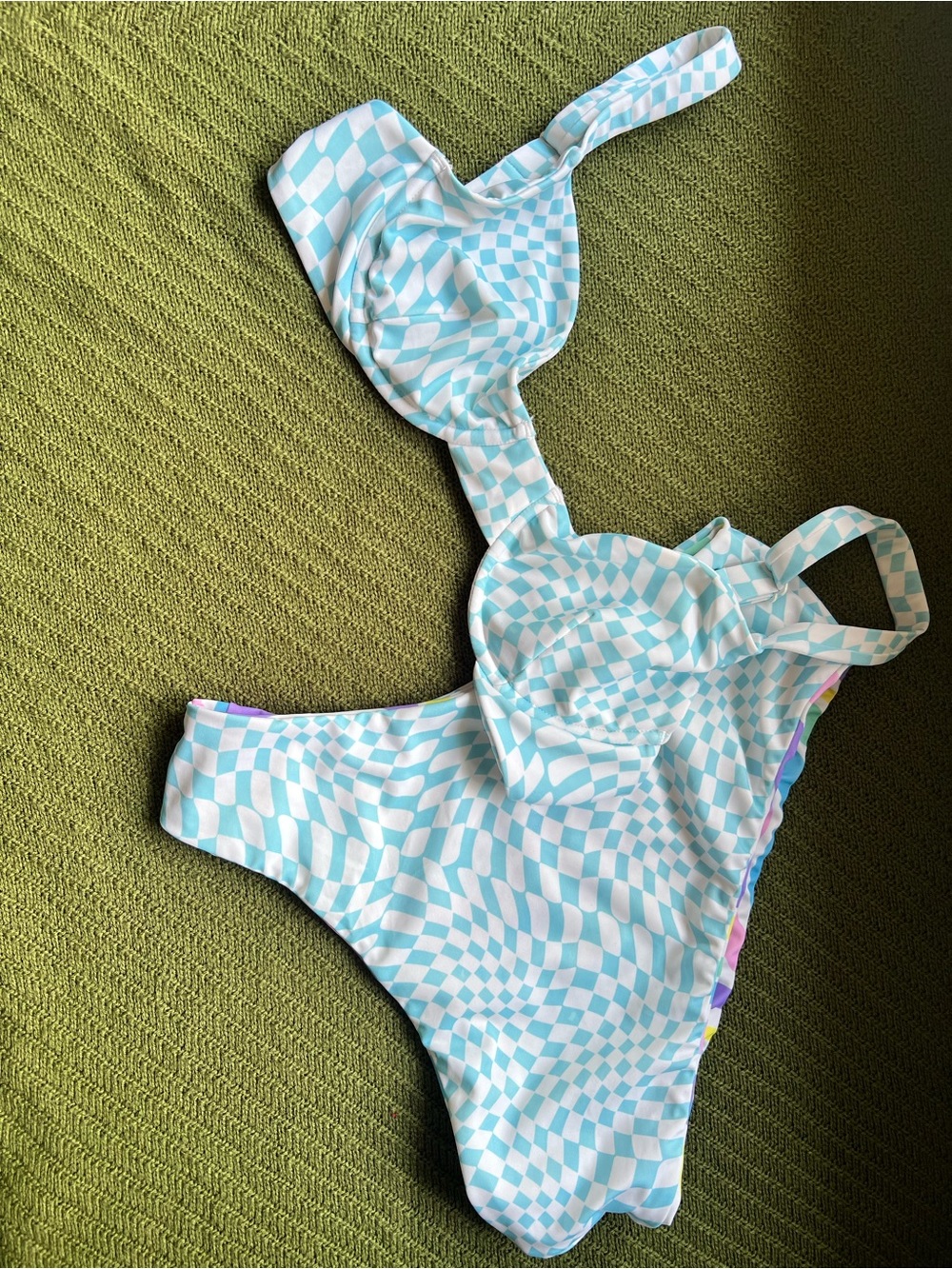 moana bikini Light Blue and White Checkerboard One-Piece Swimsuit